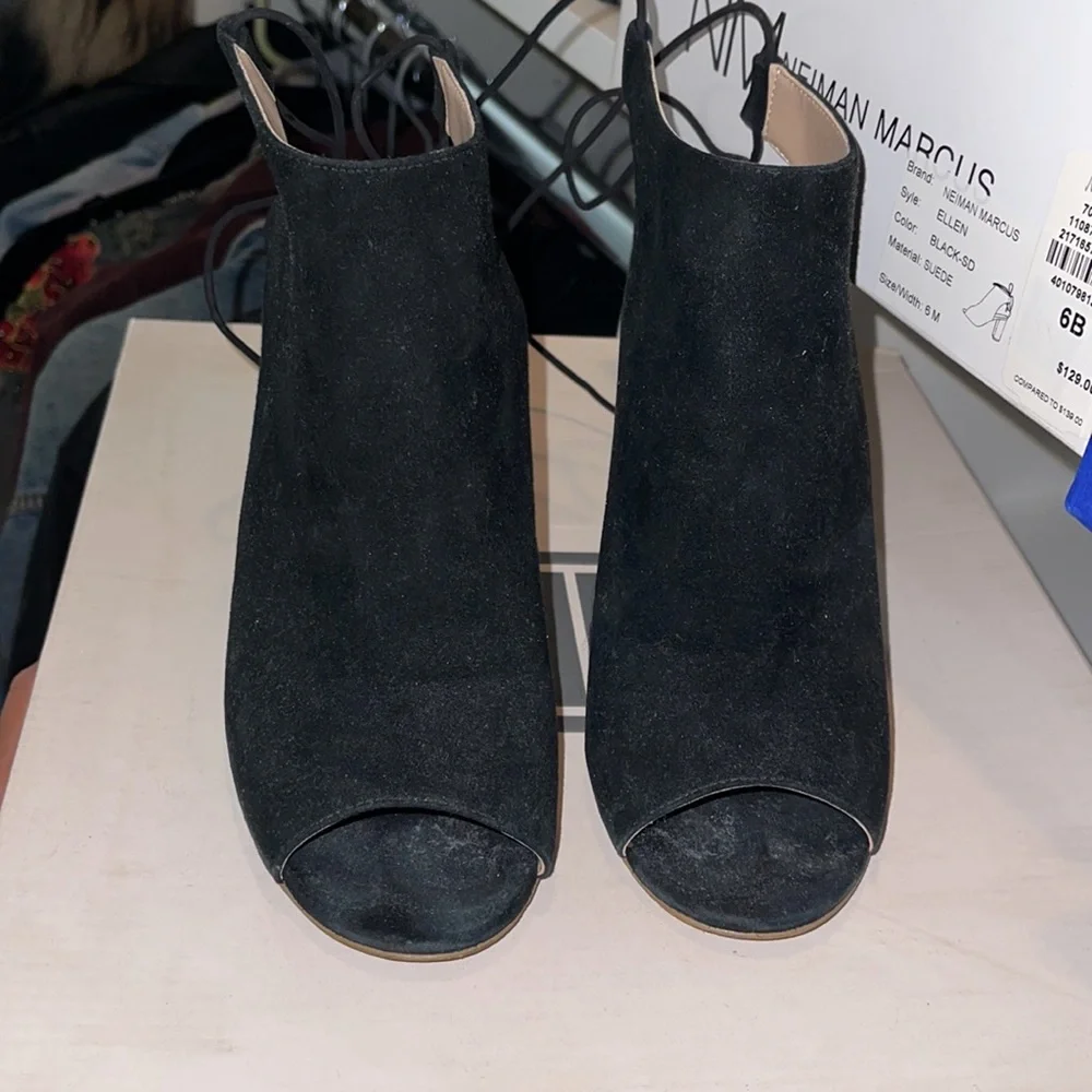 Neiman Marcus Ellen Black Suede Open-toe Booties - Picture 2 of 4